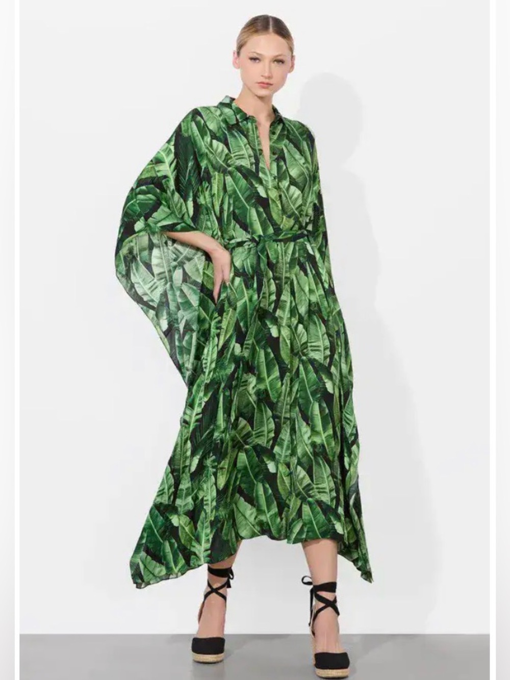 Alice + Olivia Deanne Jungle Palm Black Kaftan Maxi Dress Size M NWT